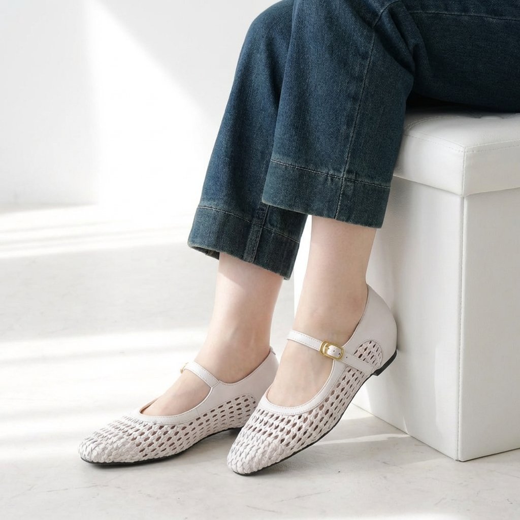 グルカサンダル風 | ホワイト編み込みメリージェーン