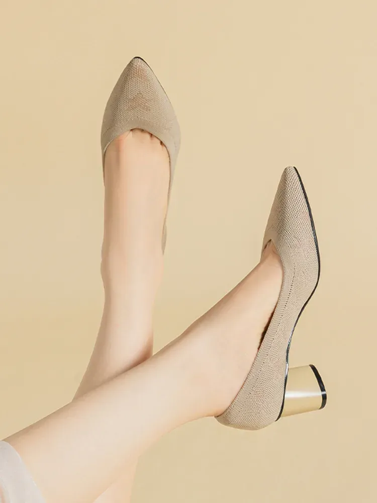 KENPOGEN ポインテッドトゥパンプス ニット素材 5cmUP チャンキーヒール 星柄 痛くない フォーマル