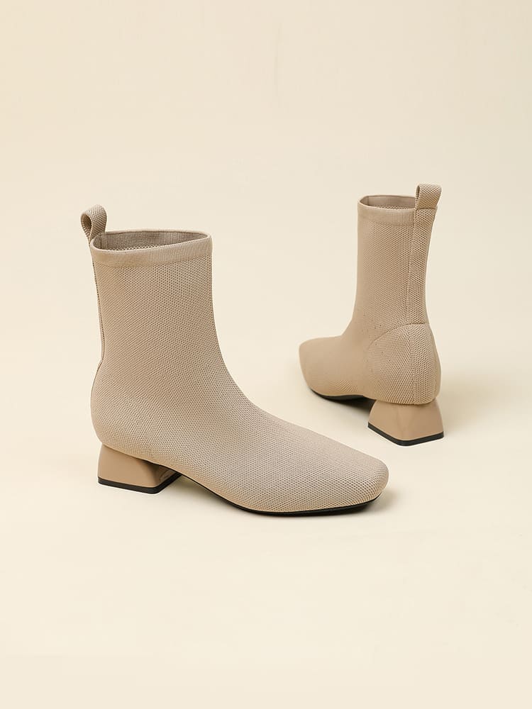 KENPOGEN ショートブーツ ニット素材 3.5cmUP ストレッチ チャンキーヒール 歩きやすい 仕事用