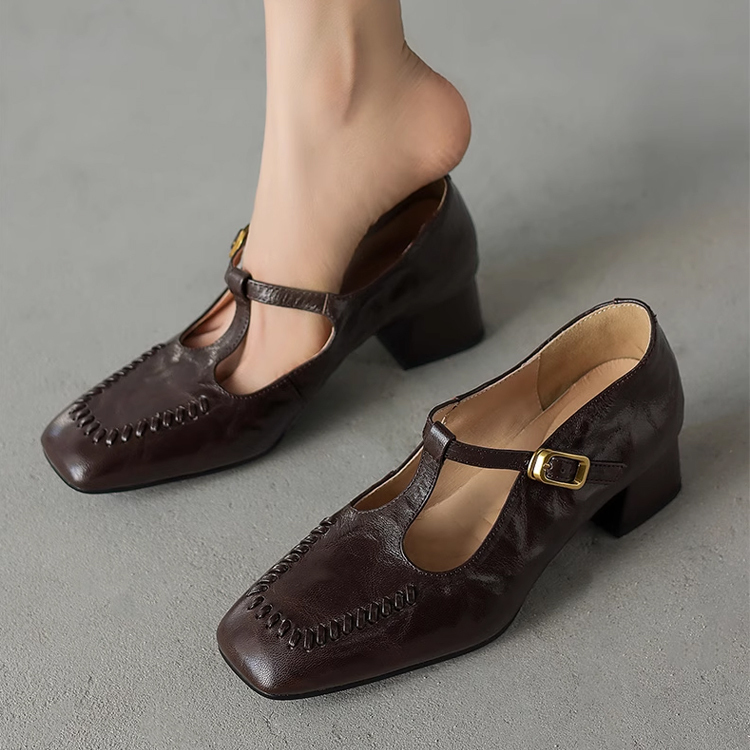 KENPOGEN メリージェーン靴 シープレザー 手作り Tストラップパンプス 4cmUP チャンキーヒール スクエアトゥ 美脚