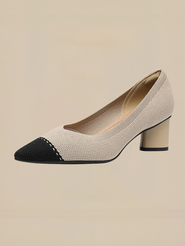 KENPOGEN ポインテッドトゥパンプス ニット素材 5cmUP チャンキーヒール 星柄 痛くない フォーマル