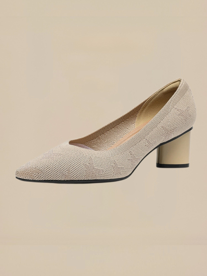 KENPOGEN ポインテッドトゥパンプス ニット素材 5cmUP チャンキーヒール 星柄 痛くない フォーマル