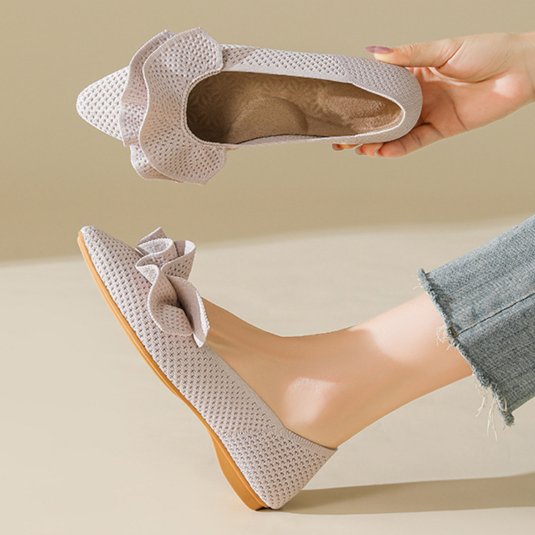 【OUTLET】【洗濯機OK・大人可愛いフリル】KENPOGEN ニットパンプス レディース ぺたんこ靴 ポインテッドトゥ 柔らかい 伸縮性 走れる  通勤 お出かけ 幅広