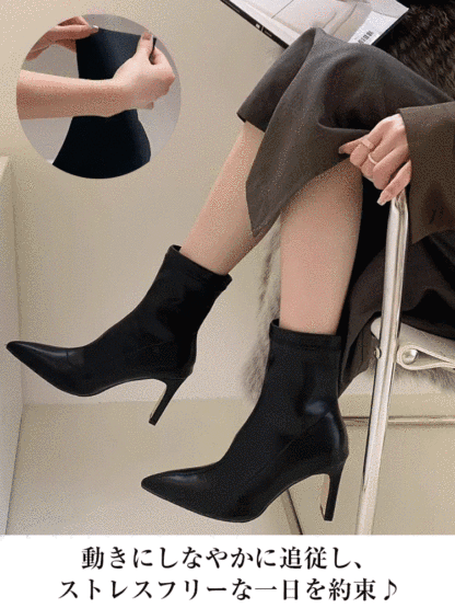 KENPOGEN ストレッチショートブーツ ポインテッドトゥ 6cmUP 歩きやすい 裏起毛 秋冬 通勤