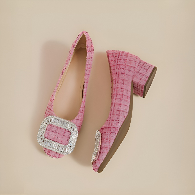 ビジューバックル 6cm美脚チャンキーヒールパンプス