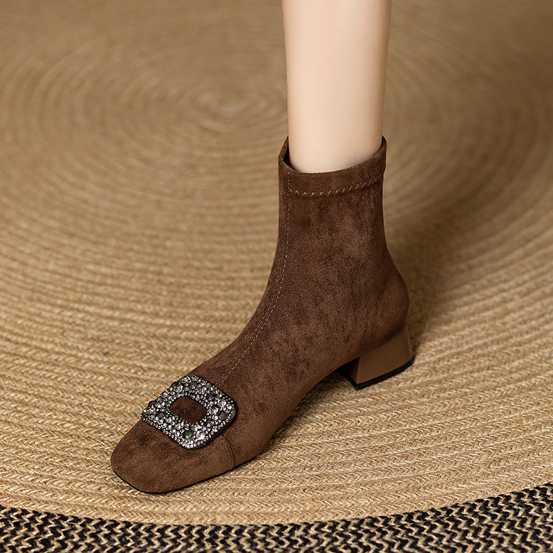 スクエアビジュー スエード調 裏起毛ショートブーツ