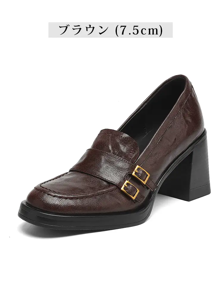 【安定感抜群・走れる太ヒール】KENPOGEN ダブルバックル ローファー 5cm 7.5cm 選べる高さ 痛くない 通勤 黒 スクエアトゥ