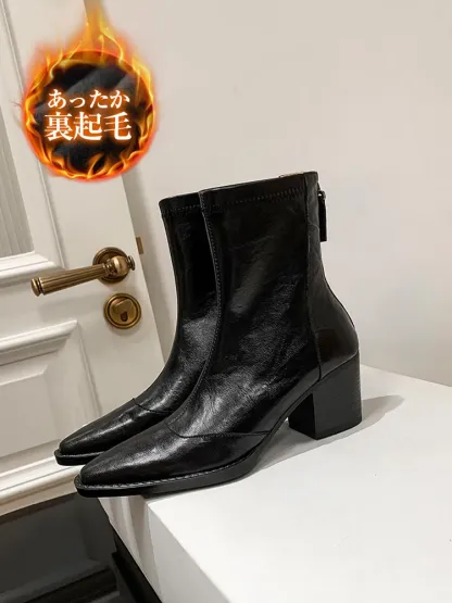 KENPOGEN ストレッチブーツ 羊革 6.5cmUP ポインテッドトゥ バックファスナー付き 伸縮性 柔らかい 美脚 細見え