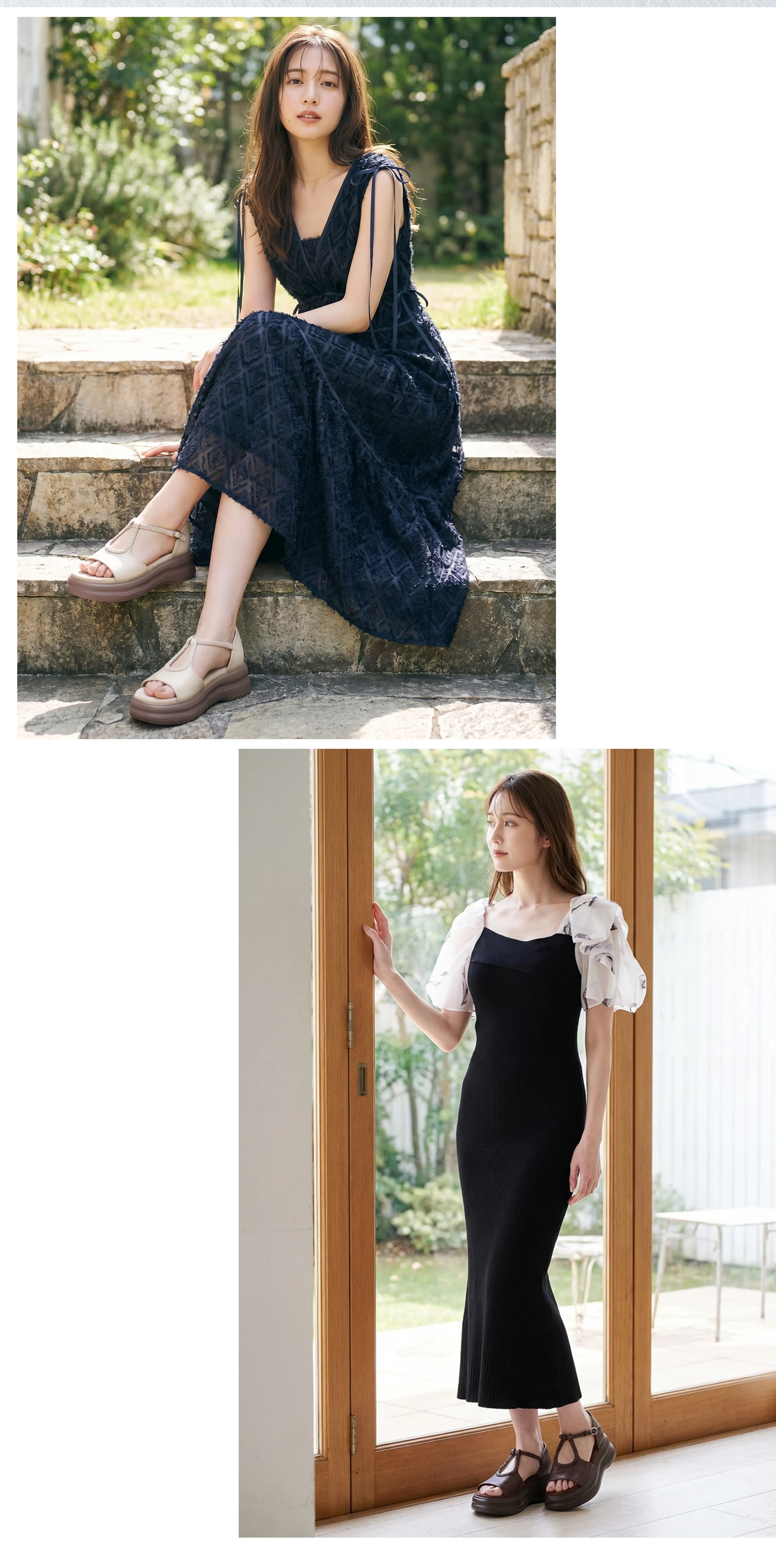 夏ワンピースと厚底サンダルのコーディネート例。レースワンピースにはベージュ、リブワンピースにはブラウンを合わせ、きれいめなお出かけスタイルを提案。