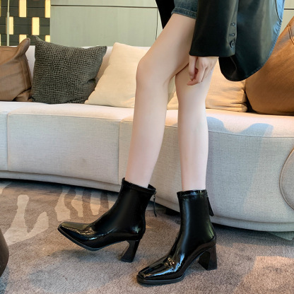 JL-KEN ワイドスクエアヘッド 厚ヒール マーティンブーツ 光沢のある伸縮性のあるスキニーブーツ