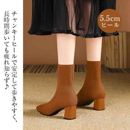 KENPOGEN ニットブーツ 5.5cmUP ストレッチショートブーツ チャンキーヒール 履き脱ぎしやすい 通勤