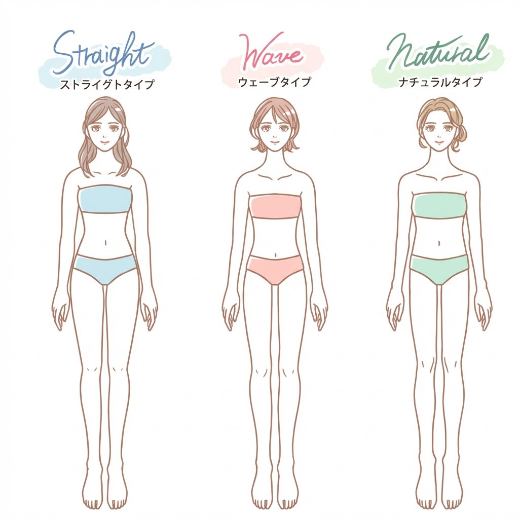 骨格ストレート・ウェーブ・ナチュラルのシルエット比較図