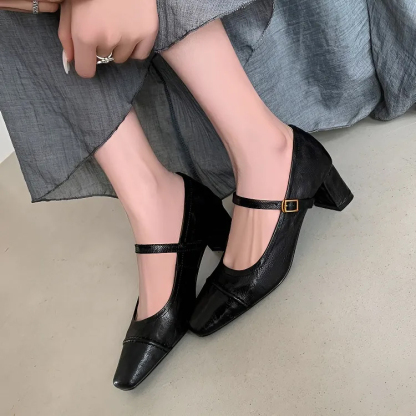 KENPOGEN 羊革パンプス メリージェーン靴 手作り 5.5cmUP 型押しレザー スクエアトゥ 通勤