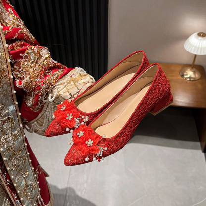 フラワービジュー付き ツイードパンプス