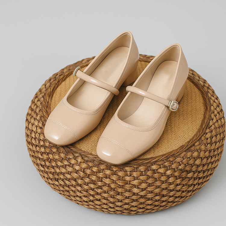 小さいサイズ インヒール メリージェーン靴 7cmUP スクウェア 通勤 オフィス　ベージュ