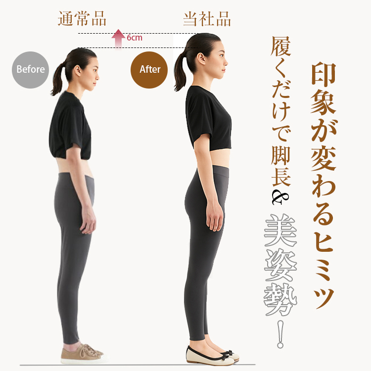 通常品 Before 6cm 当社品 After履くだけで脚長& 美姿勢! 印象が変わるヒミツ