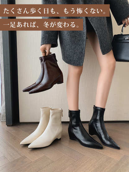 KENPOGEN ストレッチブーツ インヒール ポインテッドトゥ 4.5cmUP バックファスナー 履きやすい 細見え 通常タイプ・裏起毛 秋冬