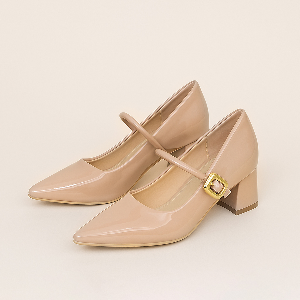 小さいサイズ お洒落メリージェーン靴  インヒール 8cmUP  脚長効果抜群　ベージュ