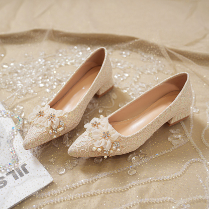 フラワービジュー付き ツイードパンプス