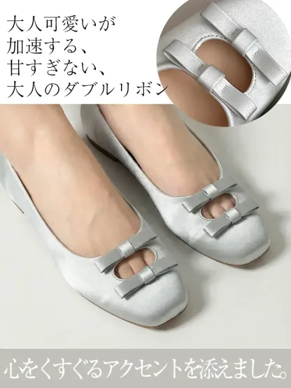 KENPOGEN ダブルリボンパンプス スクエアトゥシューズ インヒール 5cmUP エナメル 柔らか 通勤