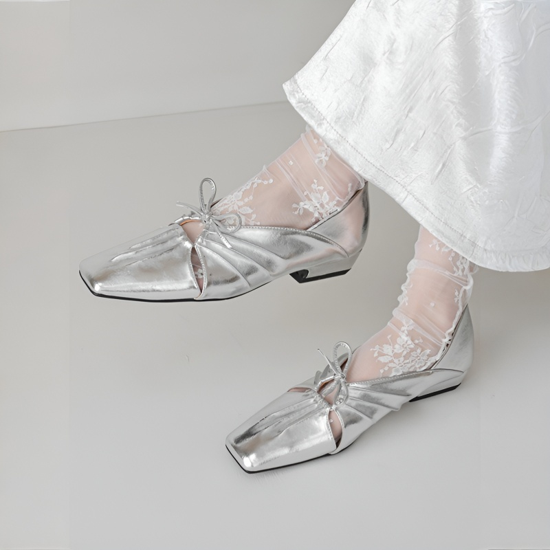 メタリックシルバー クロスギャザー フラットシューズ