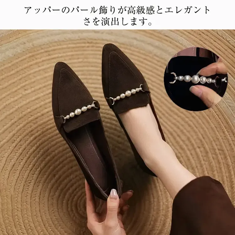 KENPOGEN ビット付きローファー 羊革 手作り ポインテッドトゥ 4cmUP パール飾り 歩きやすい