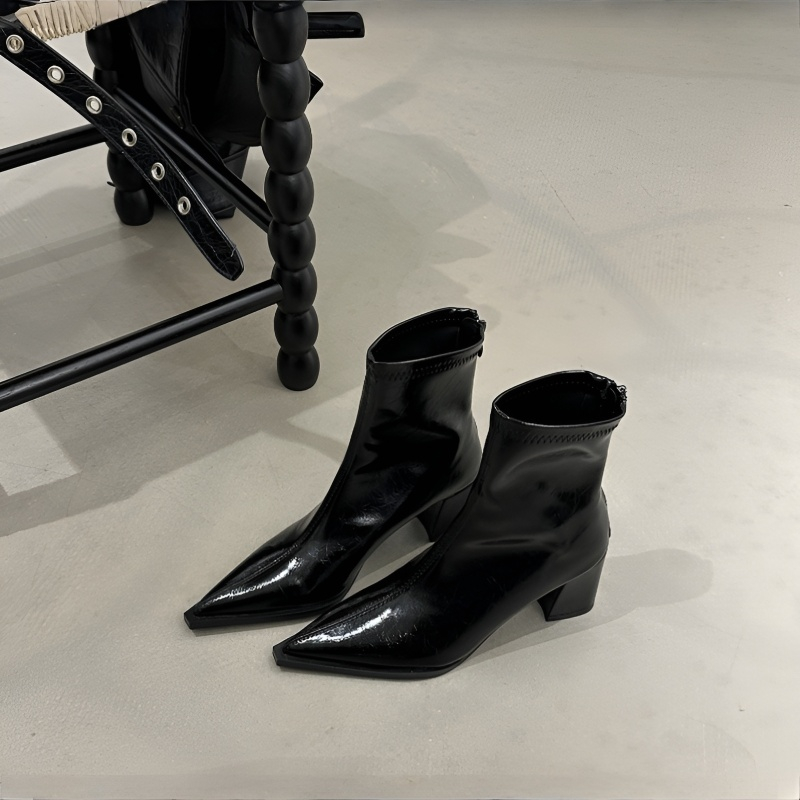 Vカット エナメル ストレッチブーツ