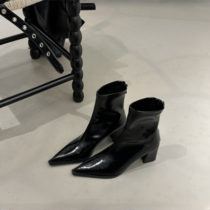 Vカット エナメル ストレッチブーツ