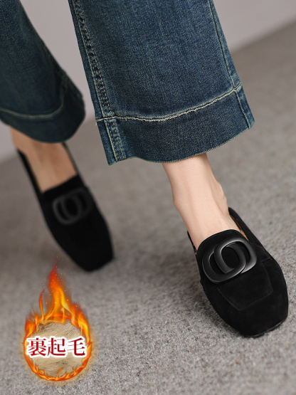 KENPOGEN ボアローファー 羊革 スクエアトゥ 3cmUP バックル付き スエード 防寒 通勤 秋冬用