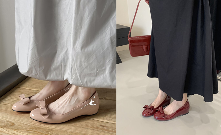 ベージュとレッドの晴雨兼用パンプスを着用したお客様のレビュー写真