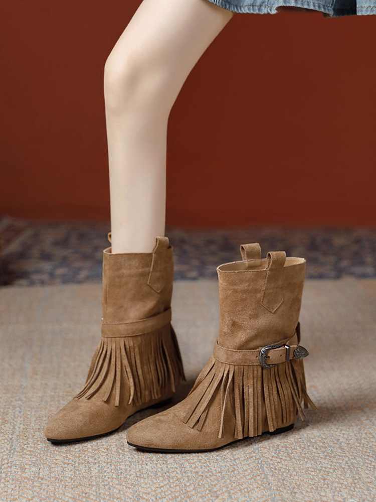 KENPOGEN パンプス ショートブーツ フリンジデザイン インヒール 4.5cmUP 履きやすい 疲れにくい