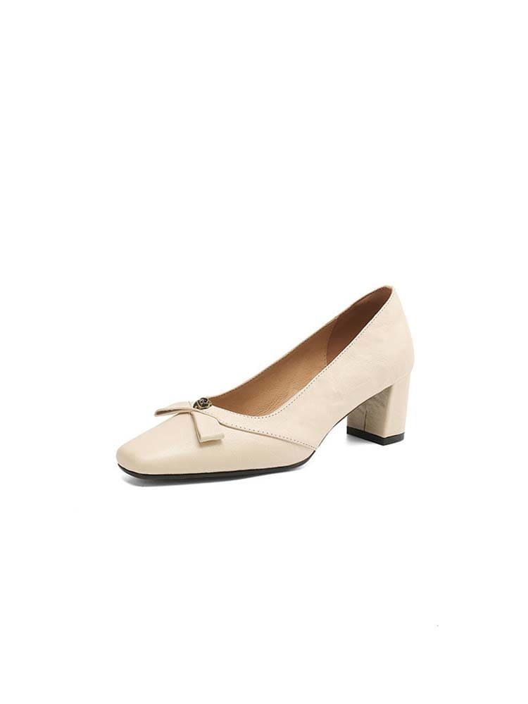 KENPOGEN 羊革パンプス スクエアトゥシューズ 5.5cmUP リボン チャンキーヒール 履きやすい 通勤