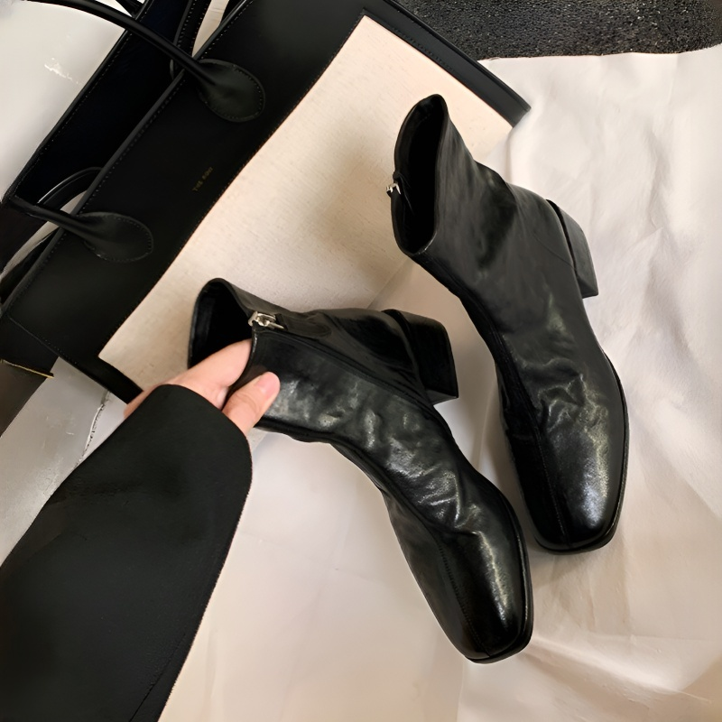 スクエアトゥ 本革ショートブーツ