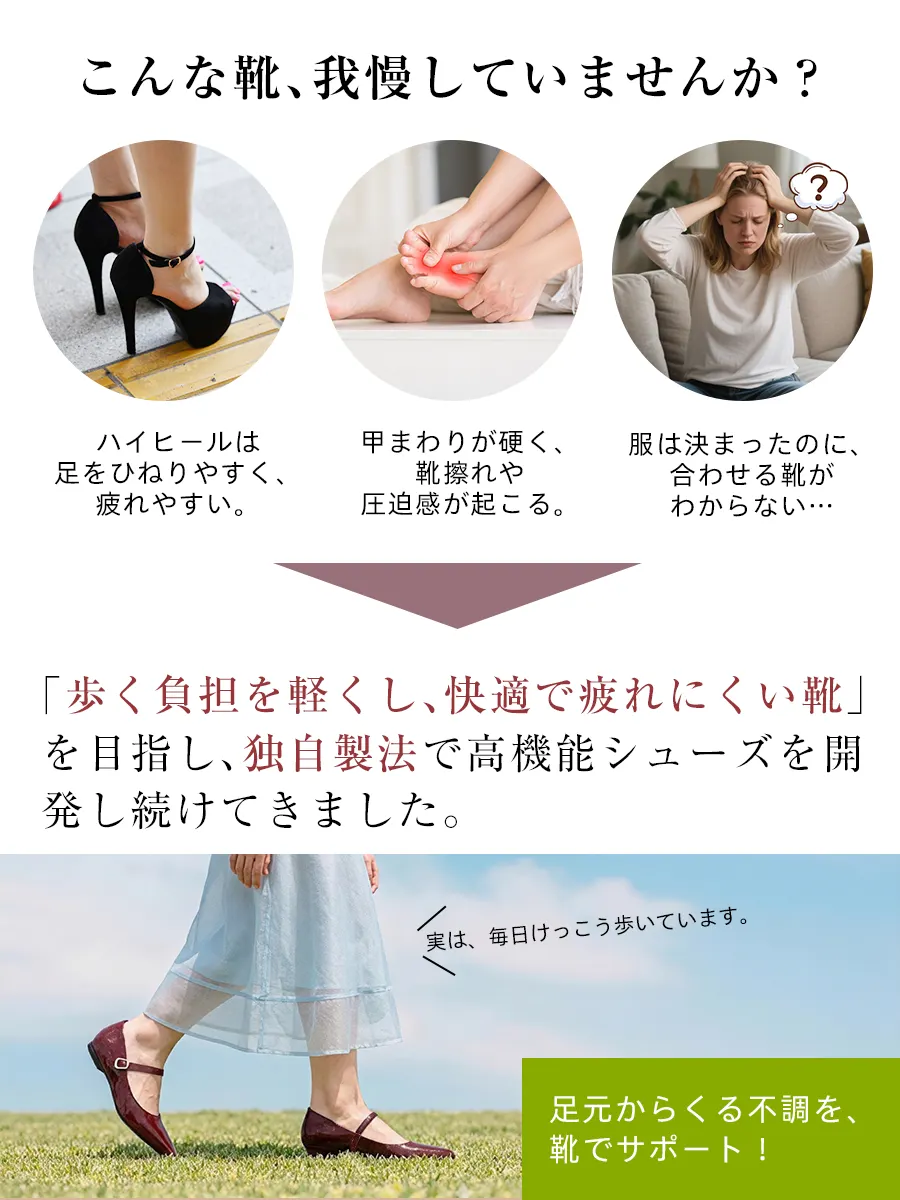 女性が抱える靴の悩み。ハイヒールでの疲れや靴擦れ、硬い靴による圧迫感、服に合う靴がわからないといった問題を提示し、歩く負担を軽くする高機能シューズでサポートすることを訴求。