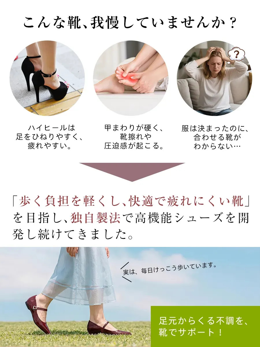 女性が抱える靴の悩み。ハイヒールでの疲れや靴擦れ、硬い靴による圧迫感、服に合う靴がわからないといった問題を提示し、歩く負担を軽くする高機能シューズでサポートすることを訴求。