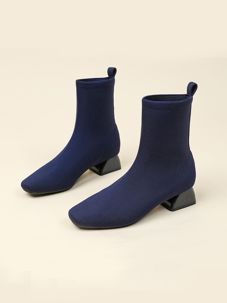 KENPOGEN ショートブーツ ニット素材 3.5cmUP ストレッチ チャンキーヒール 歩きやすい 仕事用