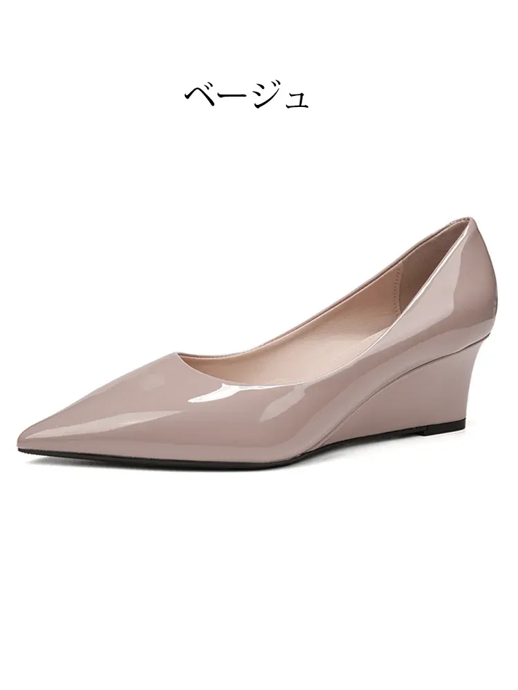 【通勤・立ち仕事に】 KENPOGEN 疲れない ウェッジソール パンプス 黒 エナメル 5.5cm 痛くない ポインテッドトゥ 仕事 オフィス ビジネス 事務