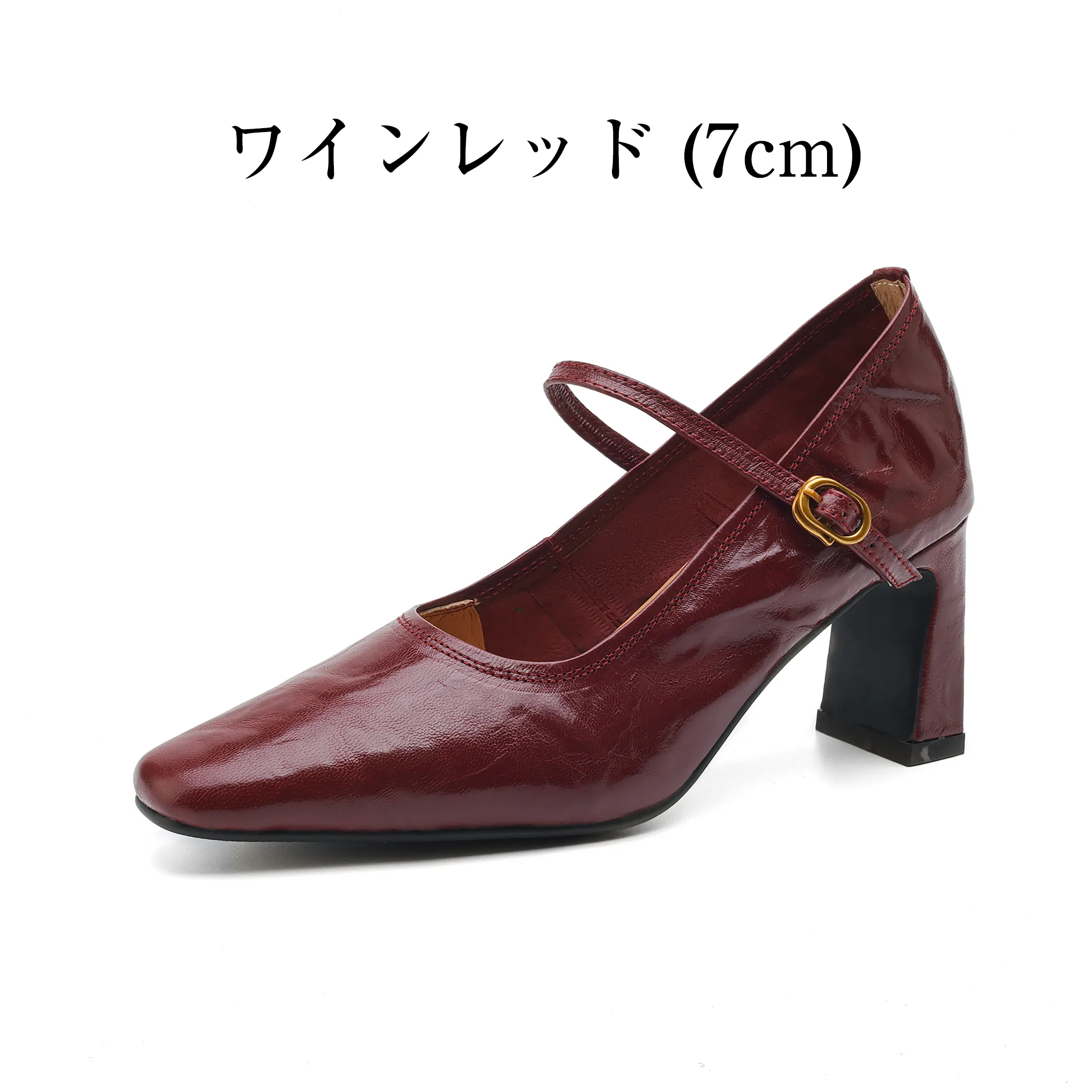 ワインレッド 7cmヒール 本革メリージェーンパンプス レディース 華やかで上品な足元を演出する太ヒールデザイン