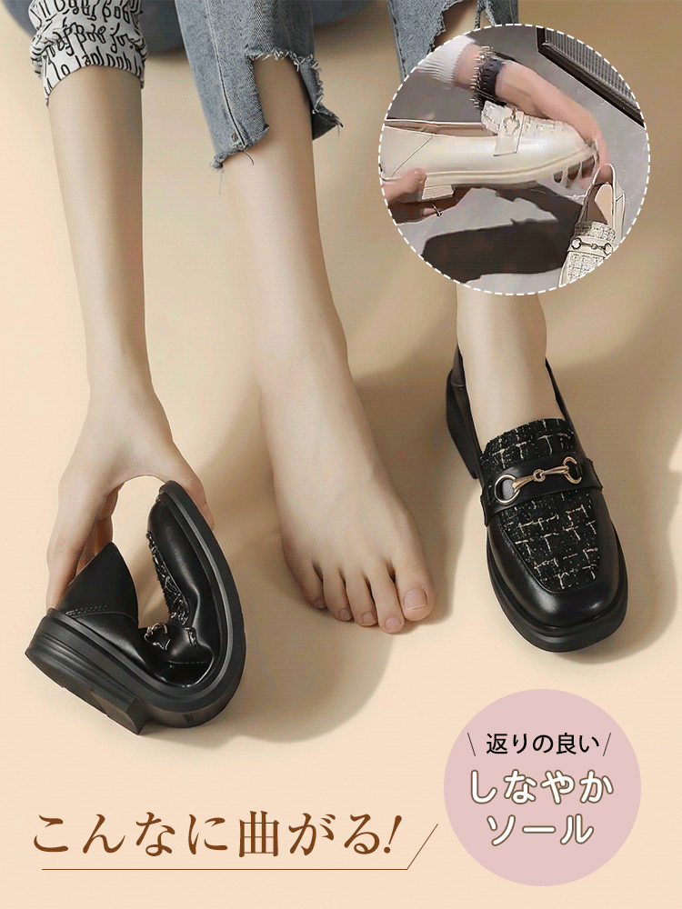 KENPOGEN ビット付きローファー ツイード 3cmヒール 履きやすい 疲れにくい 選べる裏起毛・ノーマルタイプ フォーマル オフィス 