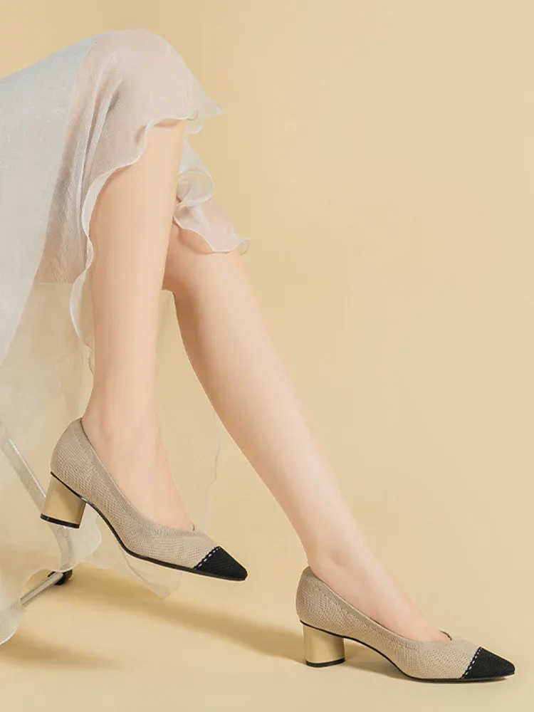 KENPOGEN ポインテッドトゥパンプス ニット素材 5cmUP チャンキーヒール 星柄 痛くない フォーマル