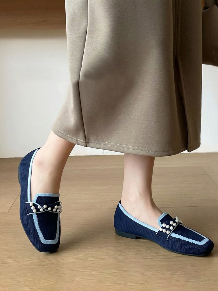 KENPOGEN ニットローファー スクエアトゥ パール飾り フラットシューズ 歩きやすい 滑りにくい 全6色展開 カジュアル オフィス