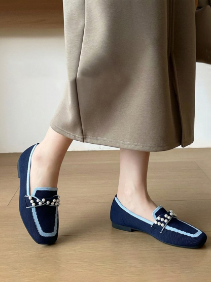 KENPOGEN ニットローファー スクエアトゥ パール飾り フラットシューズ 歩きやすい 滑りにくい 全6色展開 カジュアル オフィス