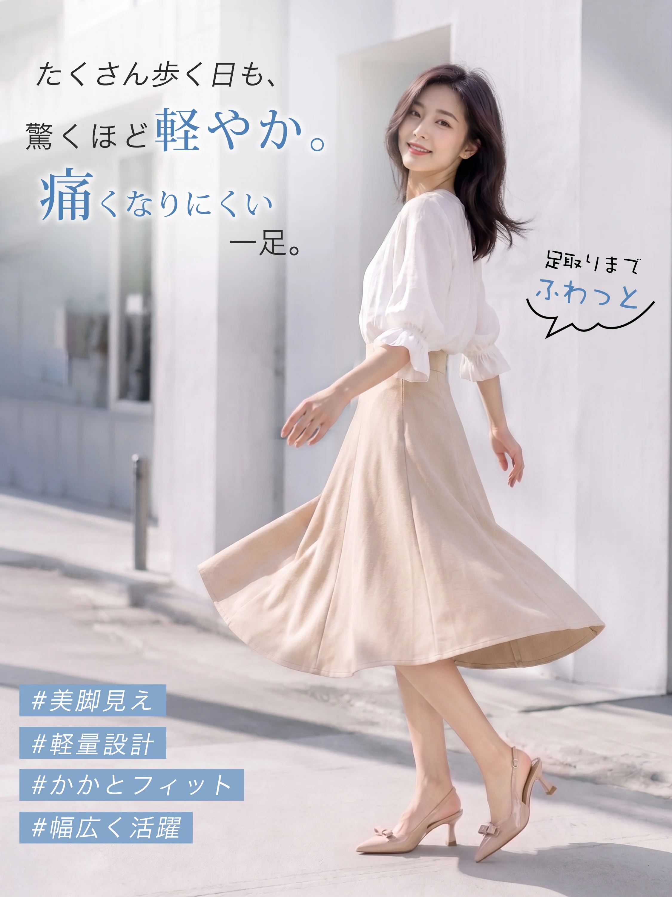 軽やかに歩けるKENPOGENバックストラップパンプス ヌードピンク 春夏コーデ 美脚見え 軽量設計 かかとフィット