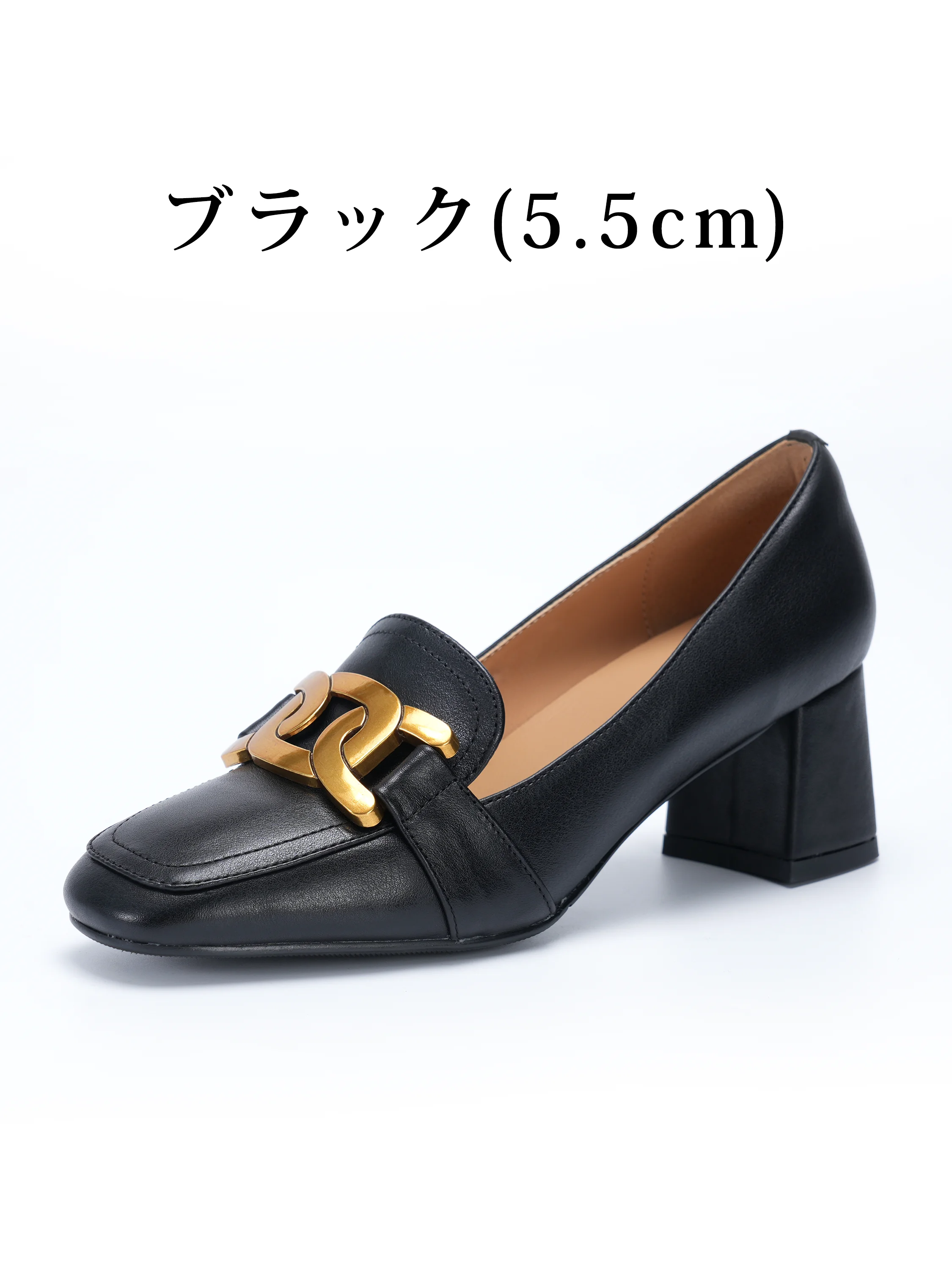 KENPOGENの本革の太ヒールローファー。ブラック5.5cmの金具付き単品。