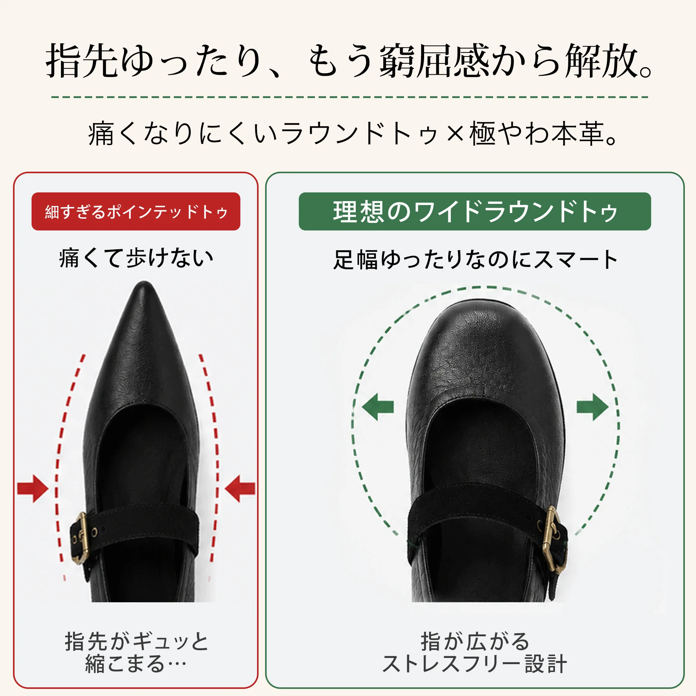 甲高・幅広さんにも優しいゆとりある足入れ設計