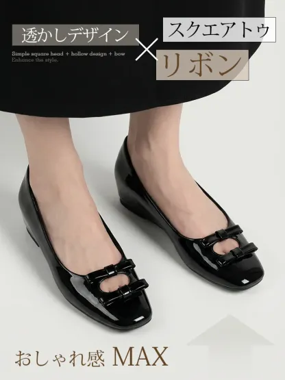 KENPOGEN ダブルリボンパンプス スクエアトゥシューズ インヒール 5cmUP エナメル 柔らか 通勤