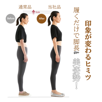 Before通常品　6cmアップ　After当社品、履くだけで脚長美姿勢　印象が変わるヒミツ