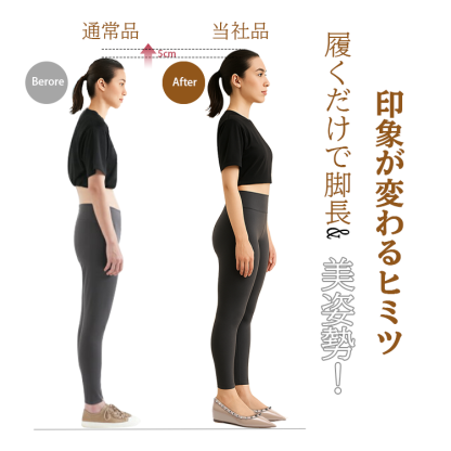  Before通常品  5cm After 当社品　履くだけで脚長&美姿勢　印象が変わるヒミツ 