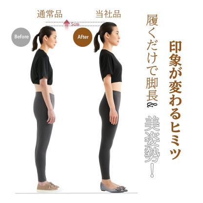 通常品 Before 5cm　当社品 After  履くだけで脚長&美姿勢！印象が変わるヒミツ