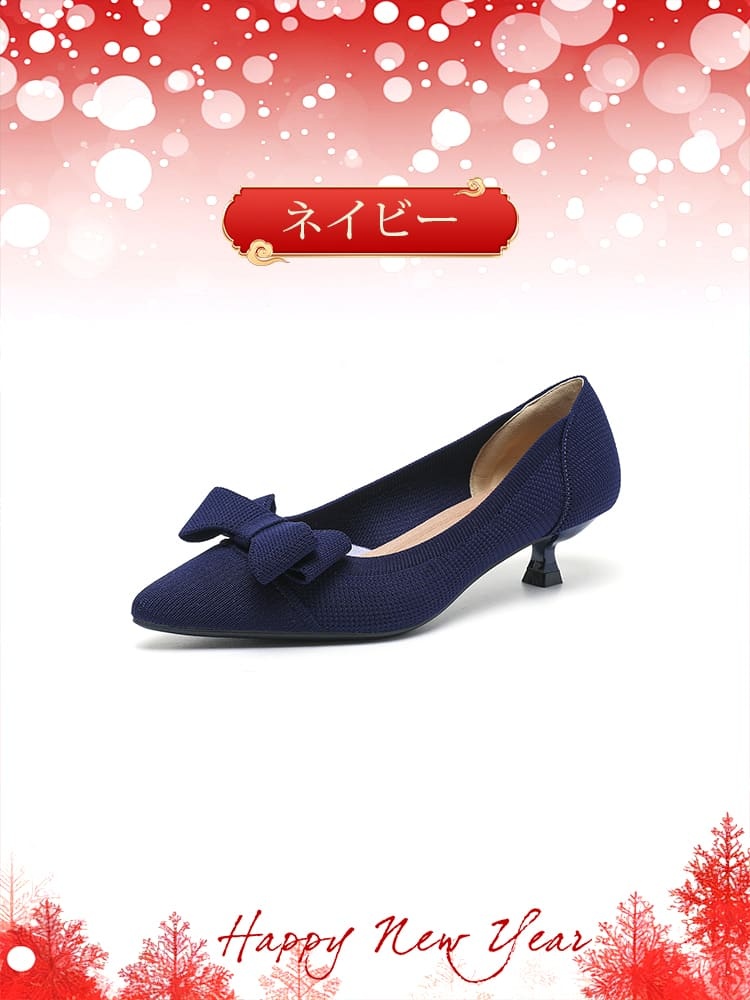 KENPOGEN ニットパンプス リボン付きパンプス 4cmUP ポインテッドトゥ 痛くない 歩きやすい